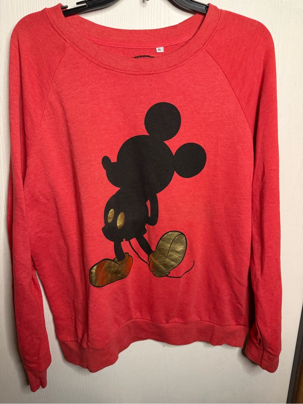 Disney Red Crewneck Sweatshirt with Black Mickey Silhouette and Gold Shoes